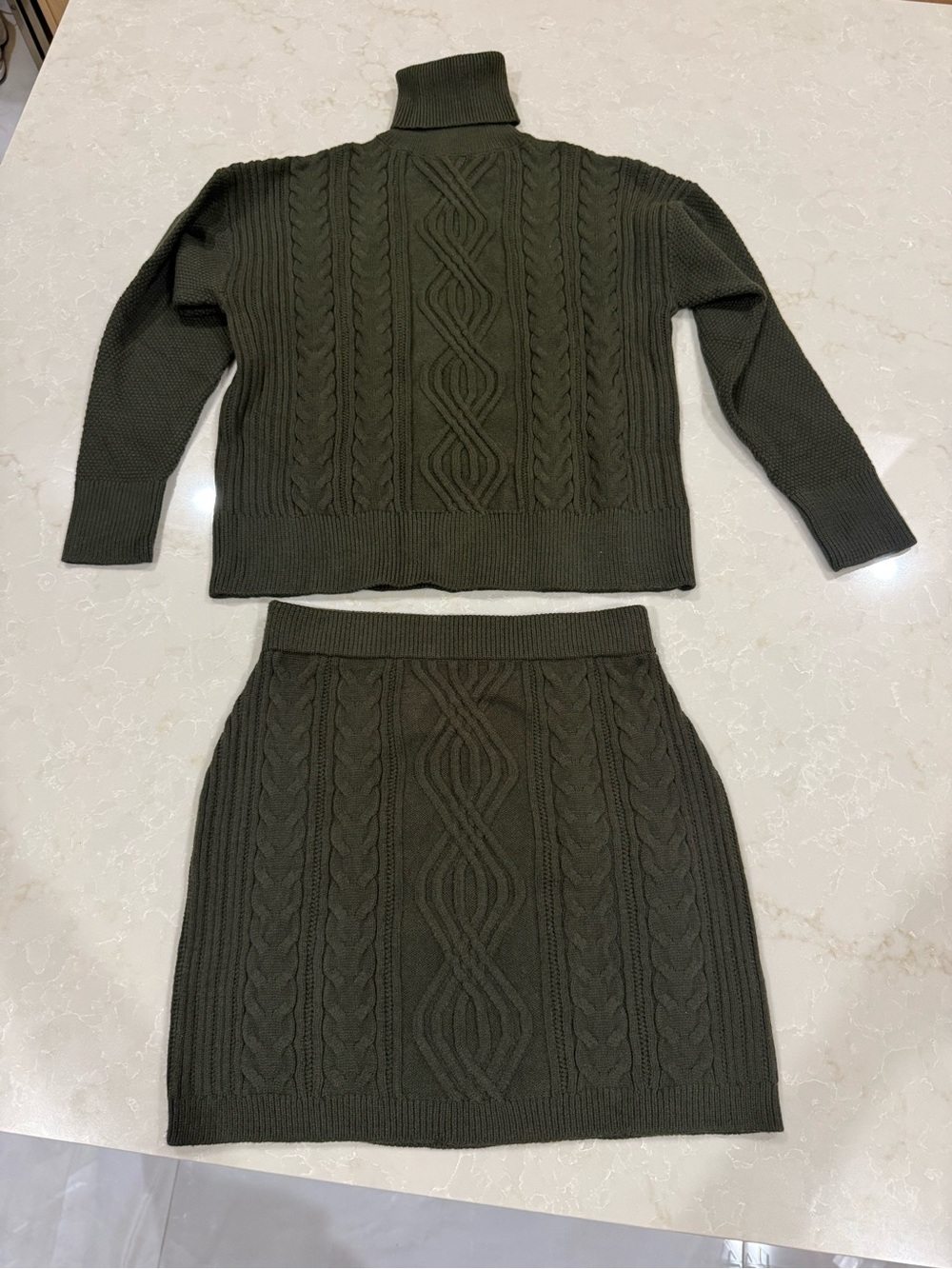 Shore Olive Cable-Knit Mini Skirt and sweater- Knit Set Match